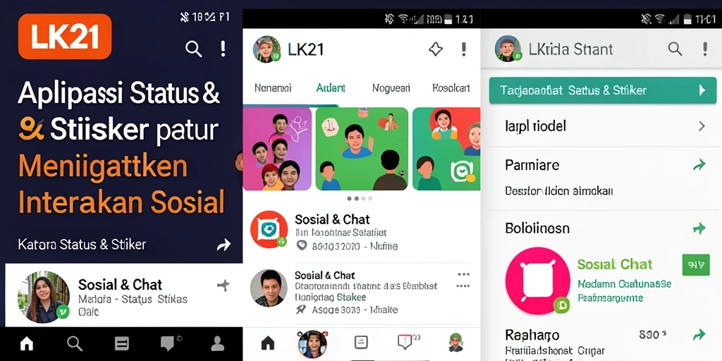 Tampilan antarmuka aplikasi LK21 dengan berbagai pilihan status dan stiker.